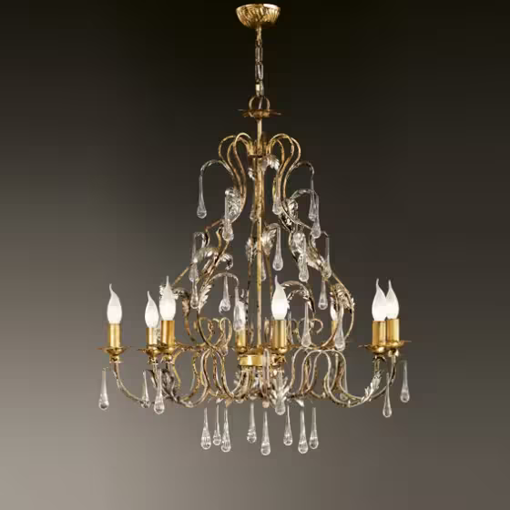 Villa Eight-Light Chandelier with Hand-Bended Metal Tubes and Transparent Drops