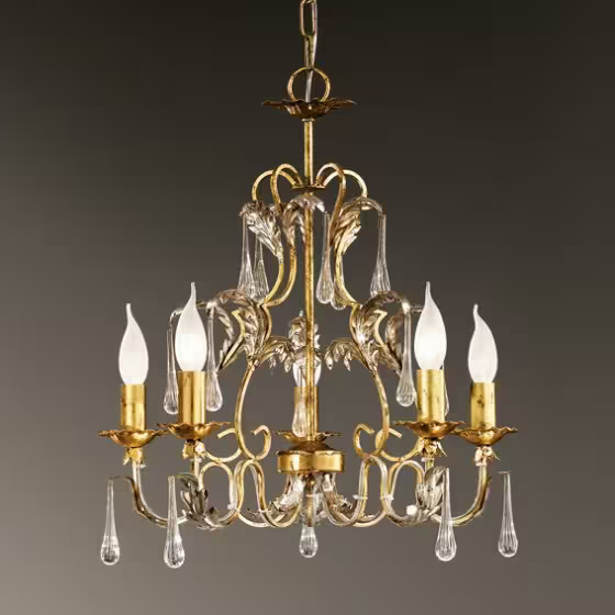 Villa Five-Light Chandelier with Hand-Bended Metal Tubes and Transparent Drops