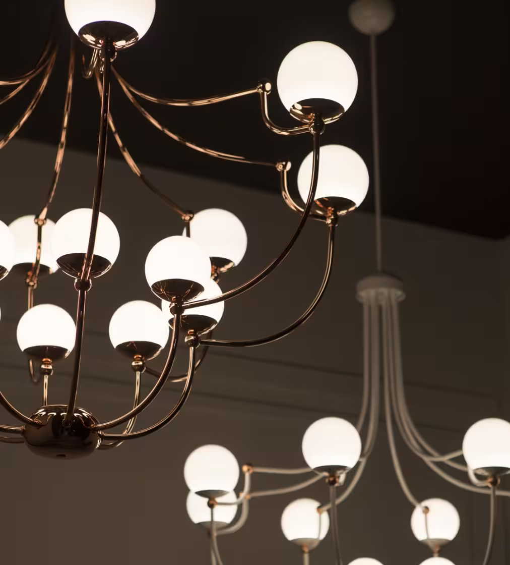 Dots 16-Light Chandelier with Copper Highlights White Glass Shades