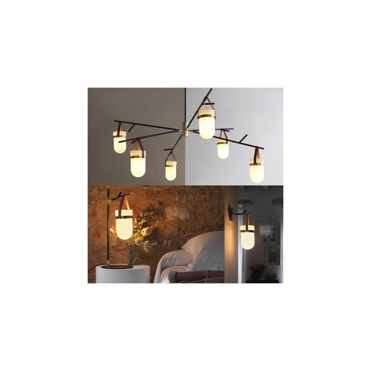 Almon 6-Arm Chandelier with Opal Glass & Brass Detail