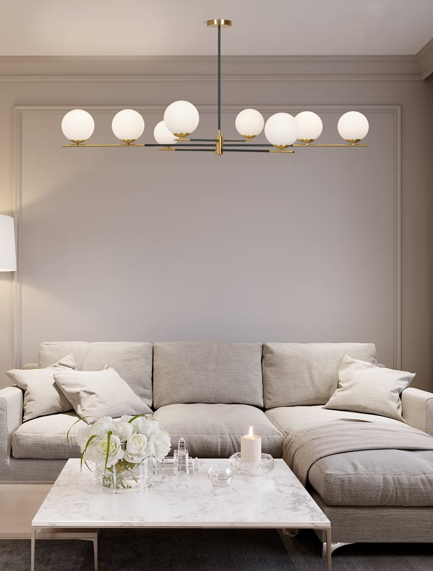 Harmony 8-Light Pendant Satin Brass with Opal Glass