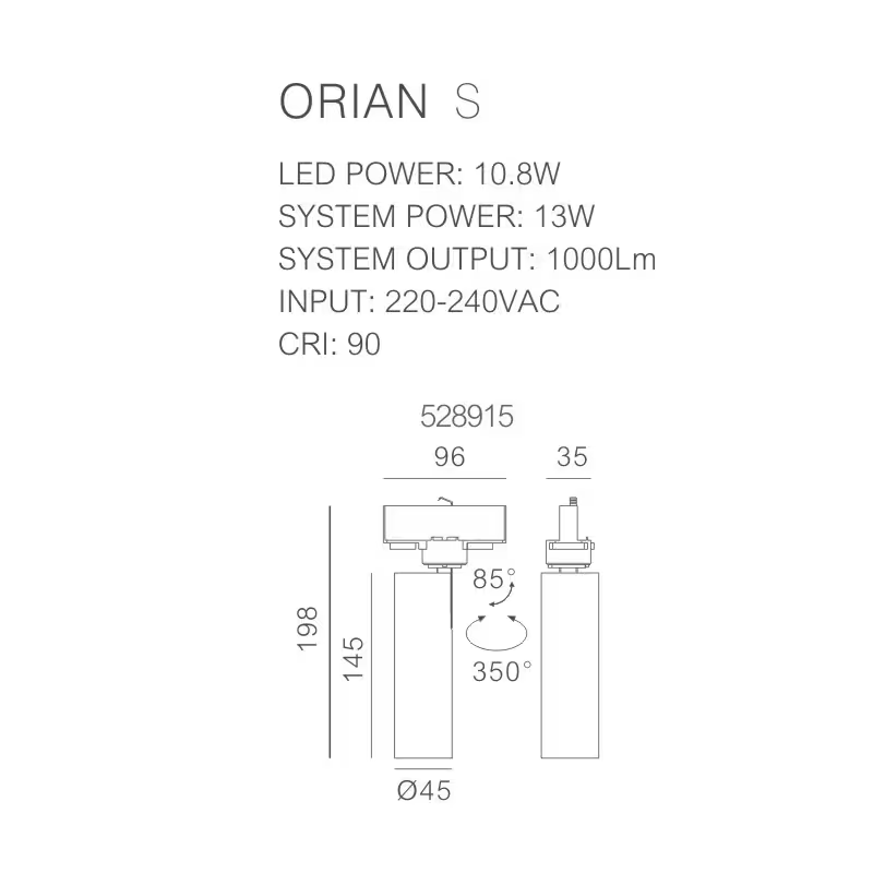 Orian, Track Spot S, Ceiling Surface Mounted, 3000K 25°