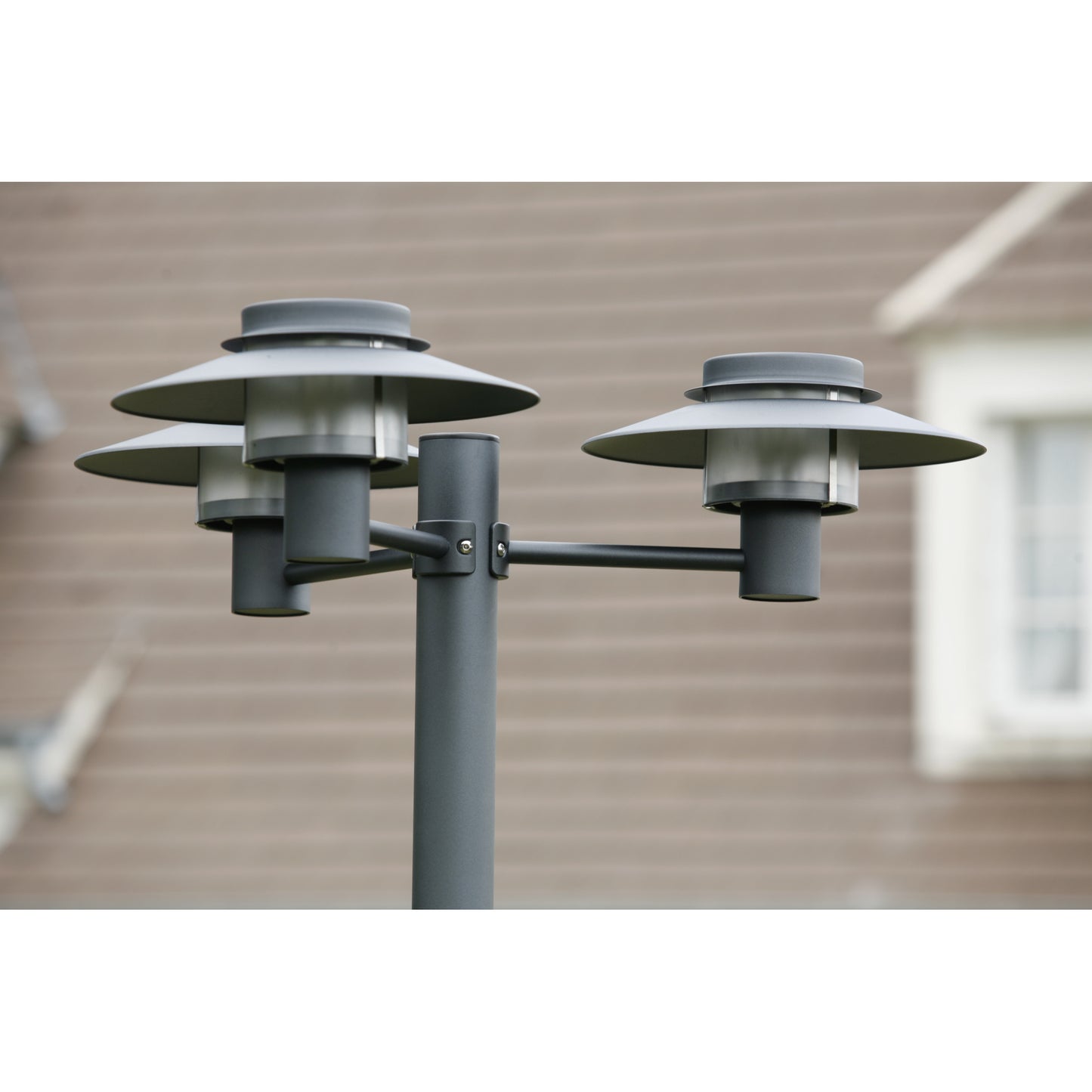 Kerlouan Large Three-Arm Clear Glass Lamp Post with Minimalist Lines Style Lantern