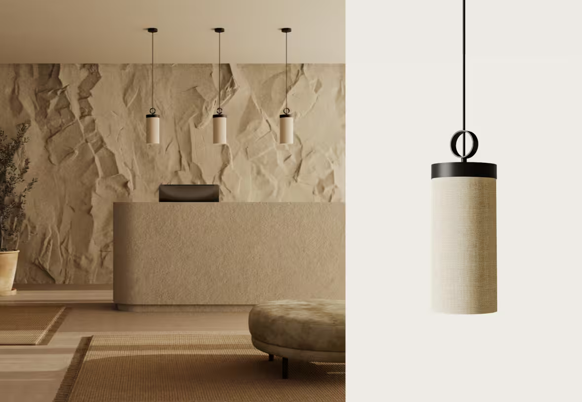 Nooi Pendant in Matt Black with Cream Linen Textile Shade