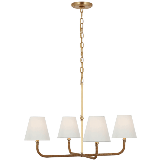 Basden Medium Single Tier Chandelier in Antique-Burnished Brass and Natural Rattan
