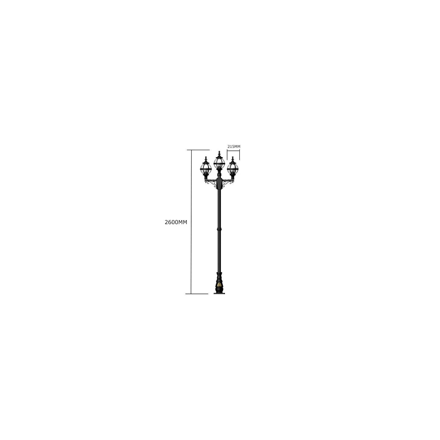 Victorian style globe lamp post triple headed in cast iron 2.6m