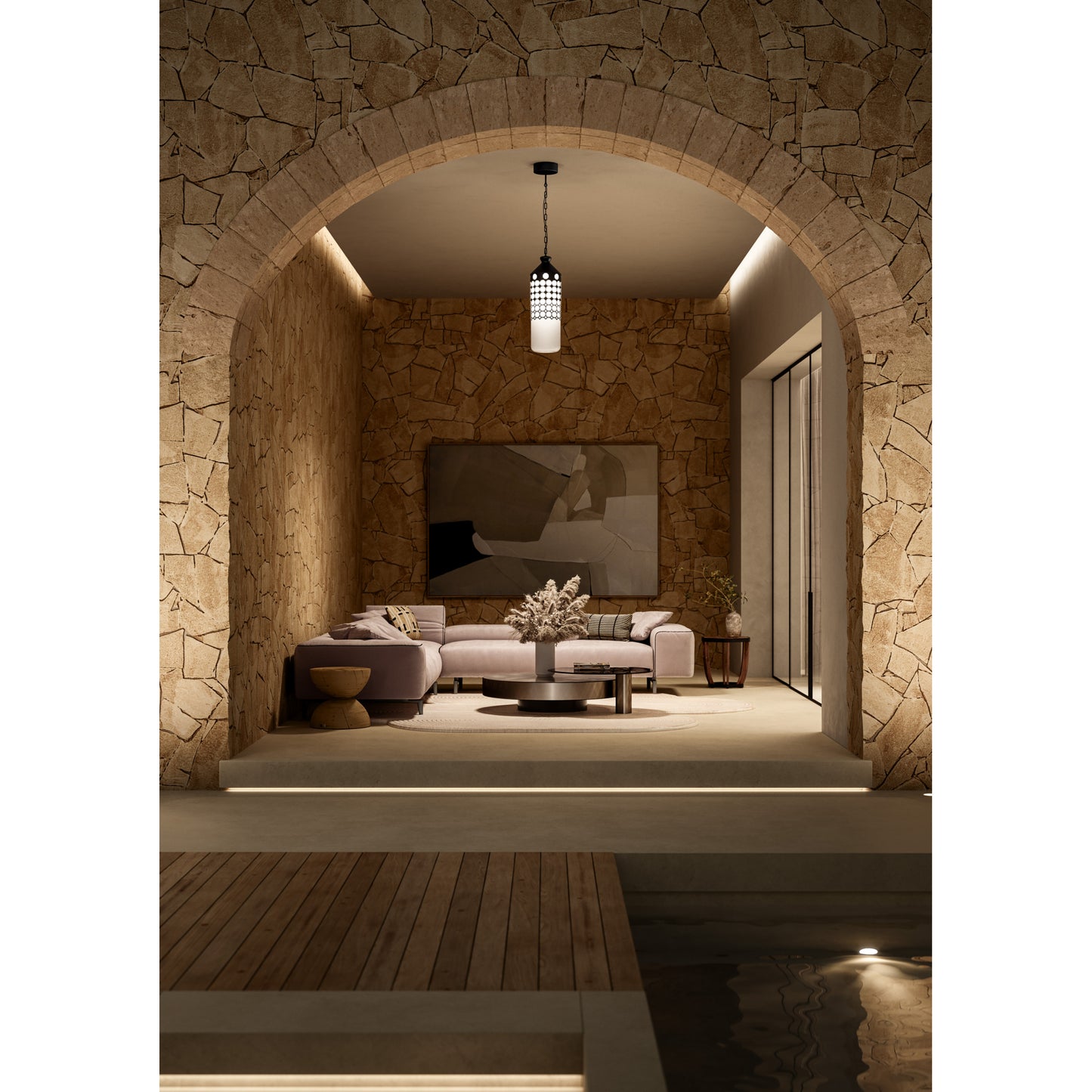 La Spazio Outdoor Pendant in Matt Black Iron with White Glass