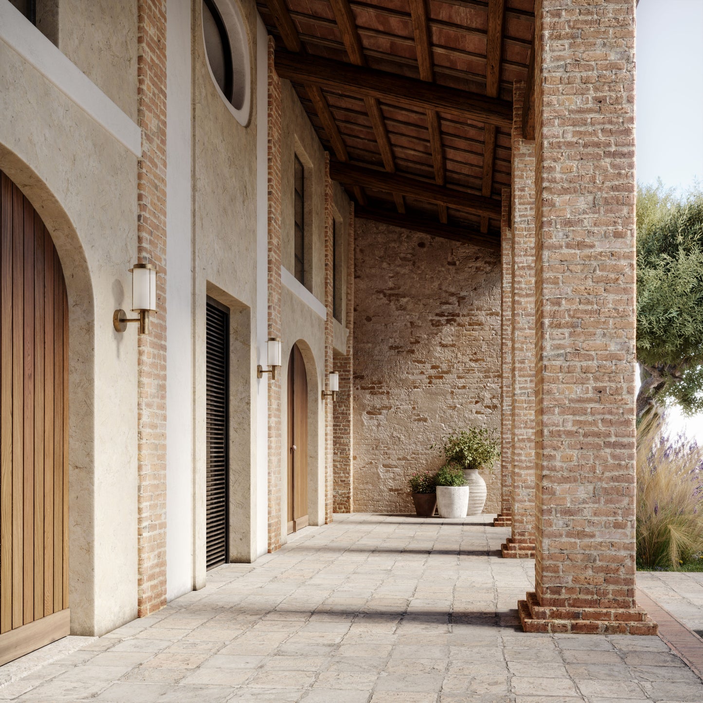 Loggia Outdoor Wall Light in Brass with White Glass