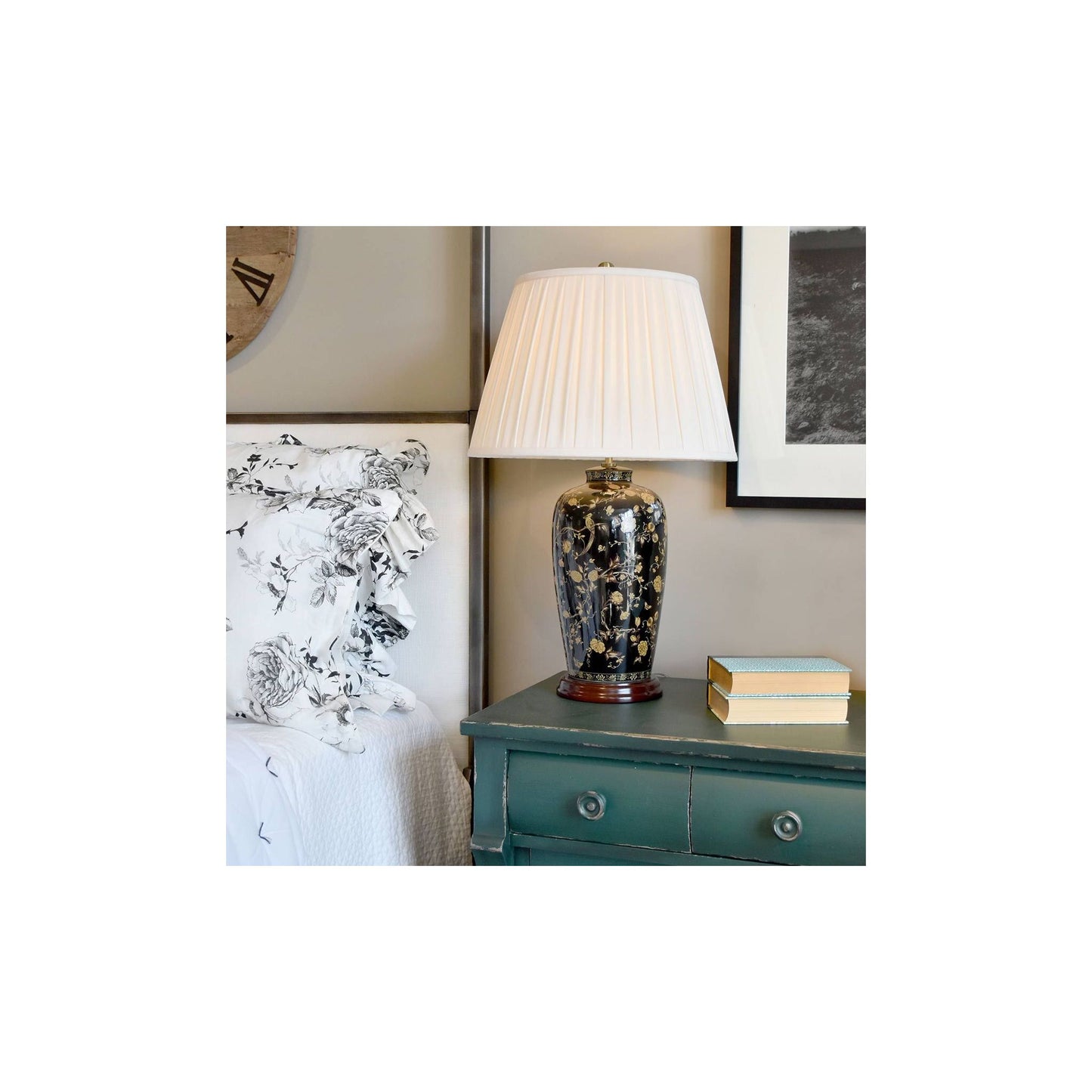 Black Birds 1-Light Table Lamp in Black and Gold with Cream Shade