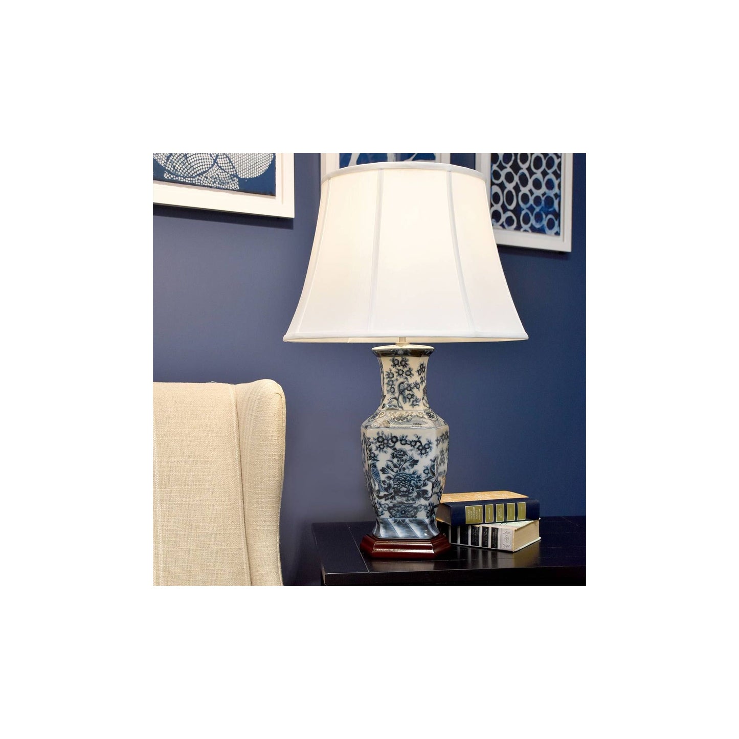 Blue Hex 1-Light Table Lamp in Blue and White with White Shade