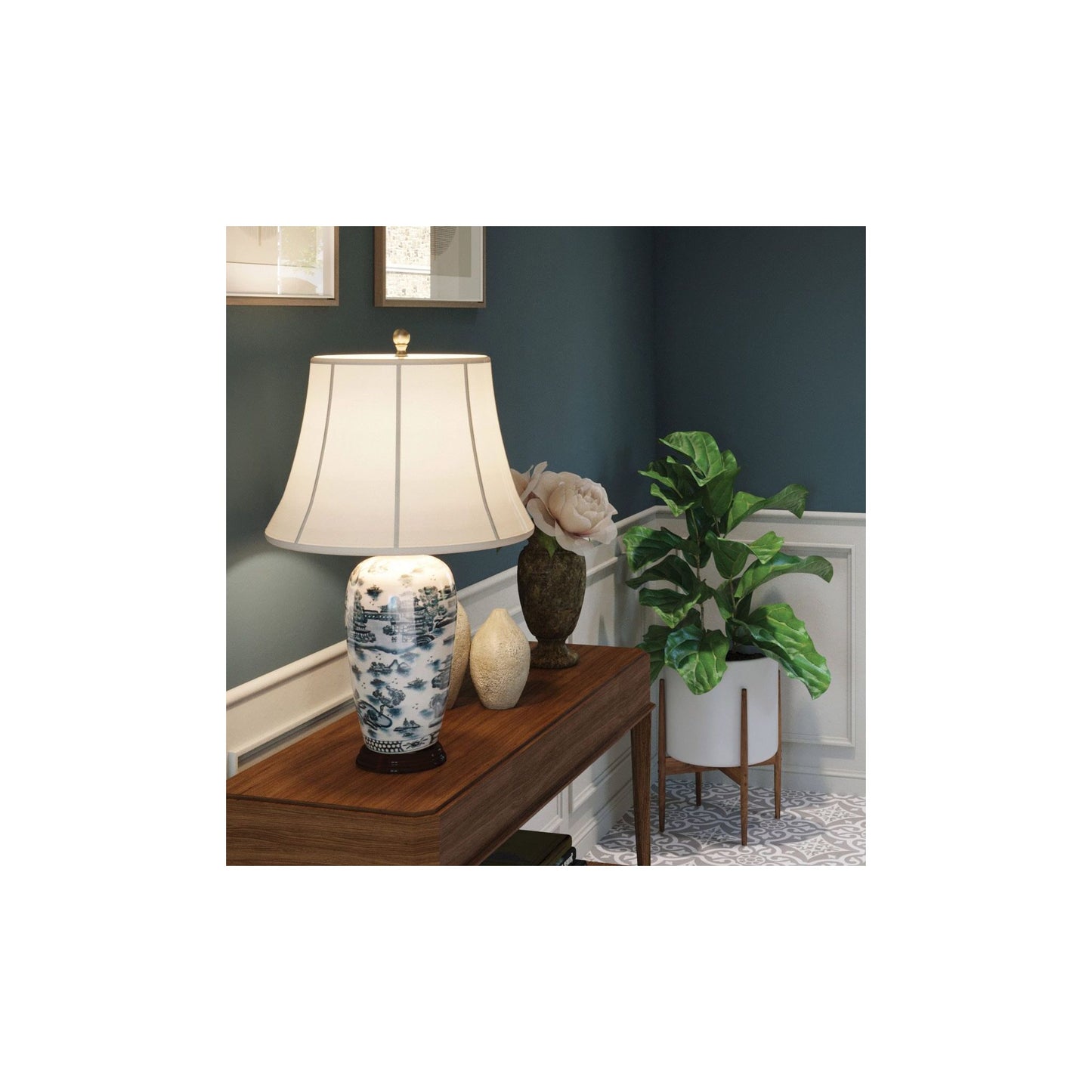 Blue Traditional 1-Light Table Lamp in Blue and White with Cream Shade