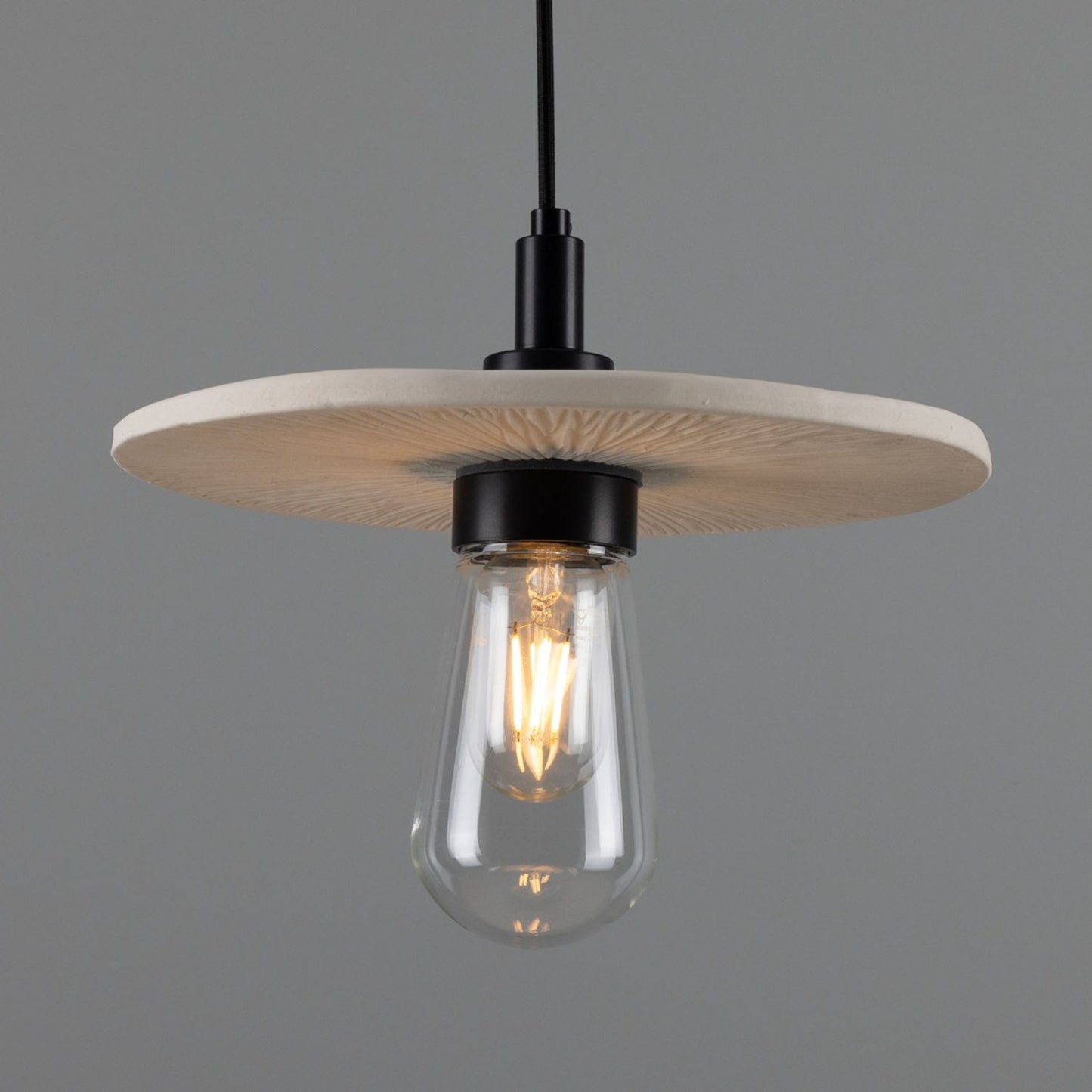 Bog Oak Organic Ceramic Disc Bathroom Pendant with White Striped Shade