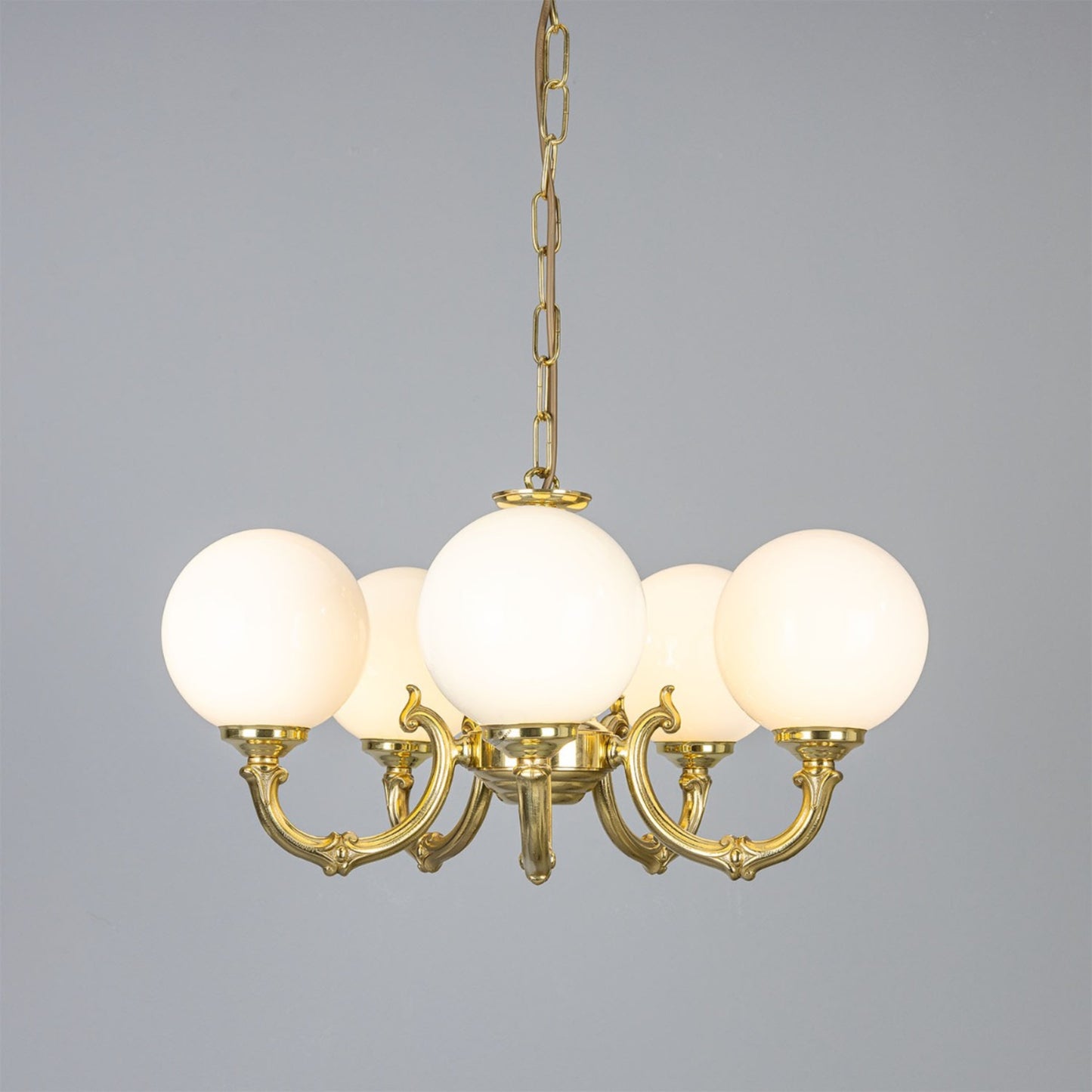 Ben 5-Arm Ornate Brass Chandelier with Opal Globes Glass