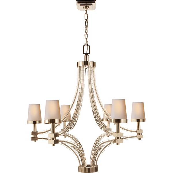 Visual Comfort Cube Large Crystal Chandelier with Natural Paper Shades
