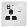 LightwaveRF 1 Gang 13A Switched Socket - Single Pole with USB  in Chrome