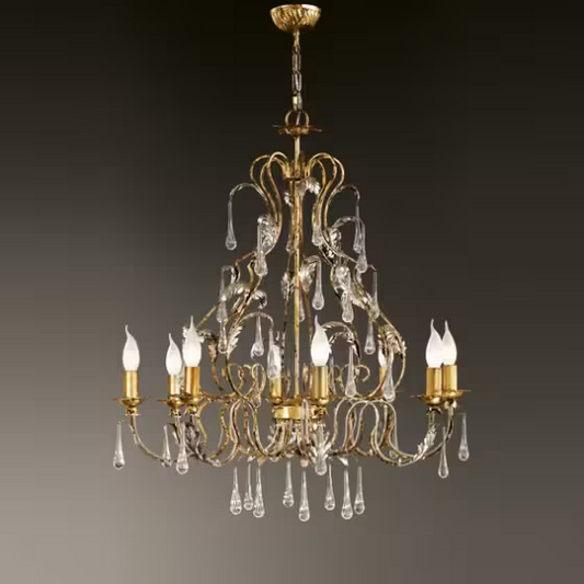 Villa Eight-Light Chandelier with Hand-Bended Metal Tubes and Transparent Drops