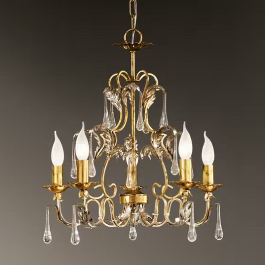 Villa Five-Light Chandelier with Hand-Bended Metal Tubes and Transparent Drops