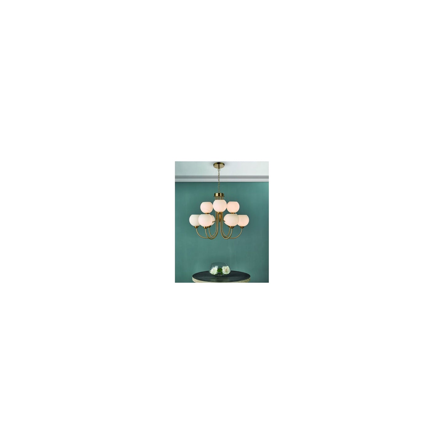 Indra 9-Light Chandelier Natural Brass with Opal Glass