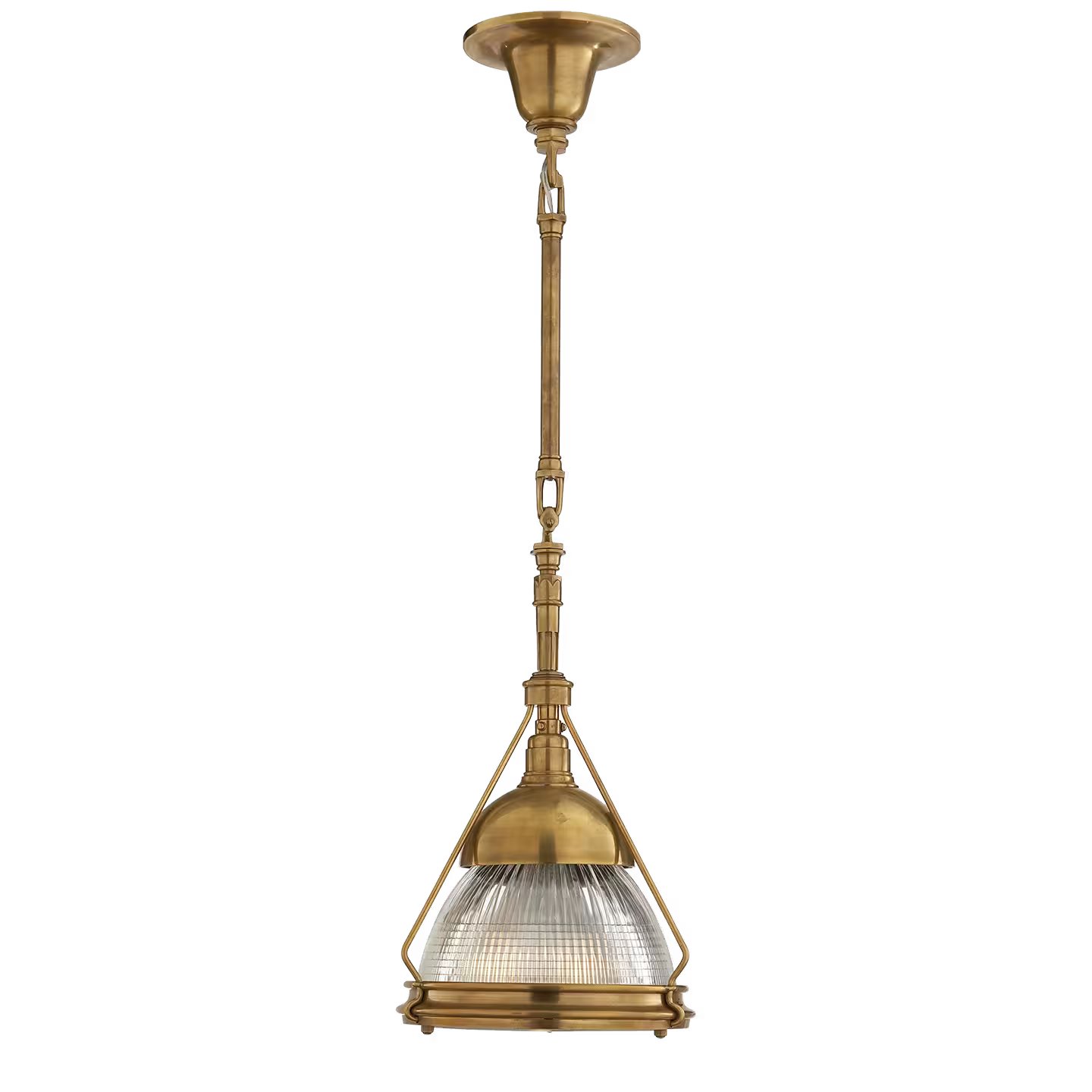 Garey Small Industrial Pendant with Prismatic Clear Glass in Hand-Rubbed Antique Brass