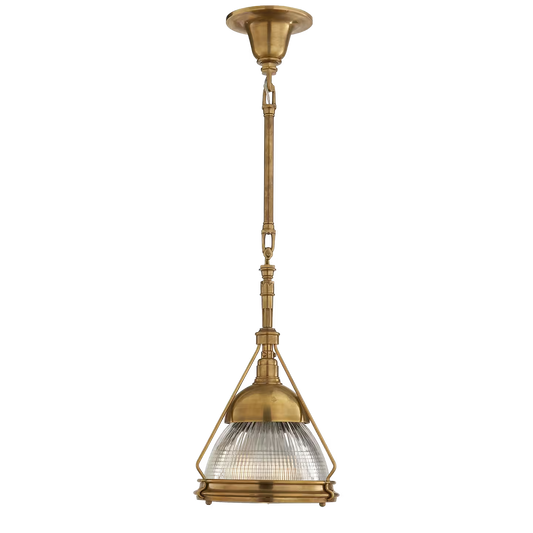 Garey Small Industrial Pendant with Prismatic Clear Glass in Hand-Rubbed Antique Brass