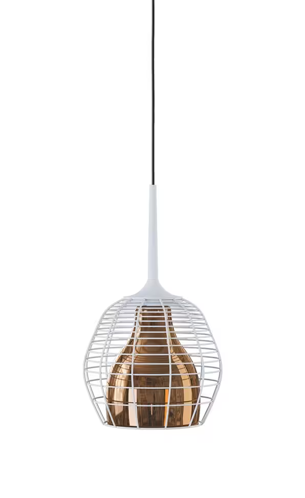 Cage Small LED Pendant White with Blown Glass