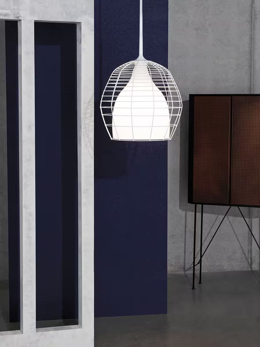 Cage Small LED Pendant White with Blown Glass