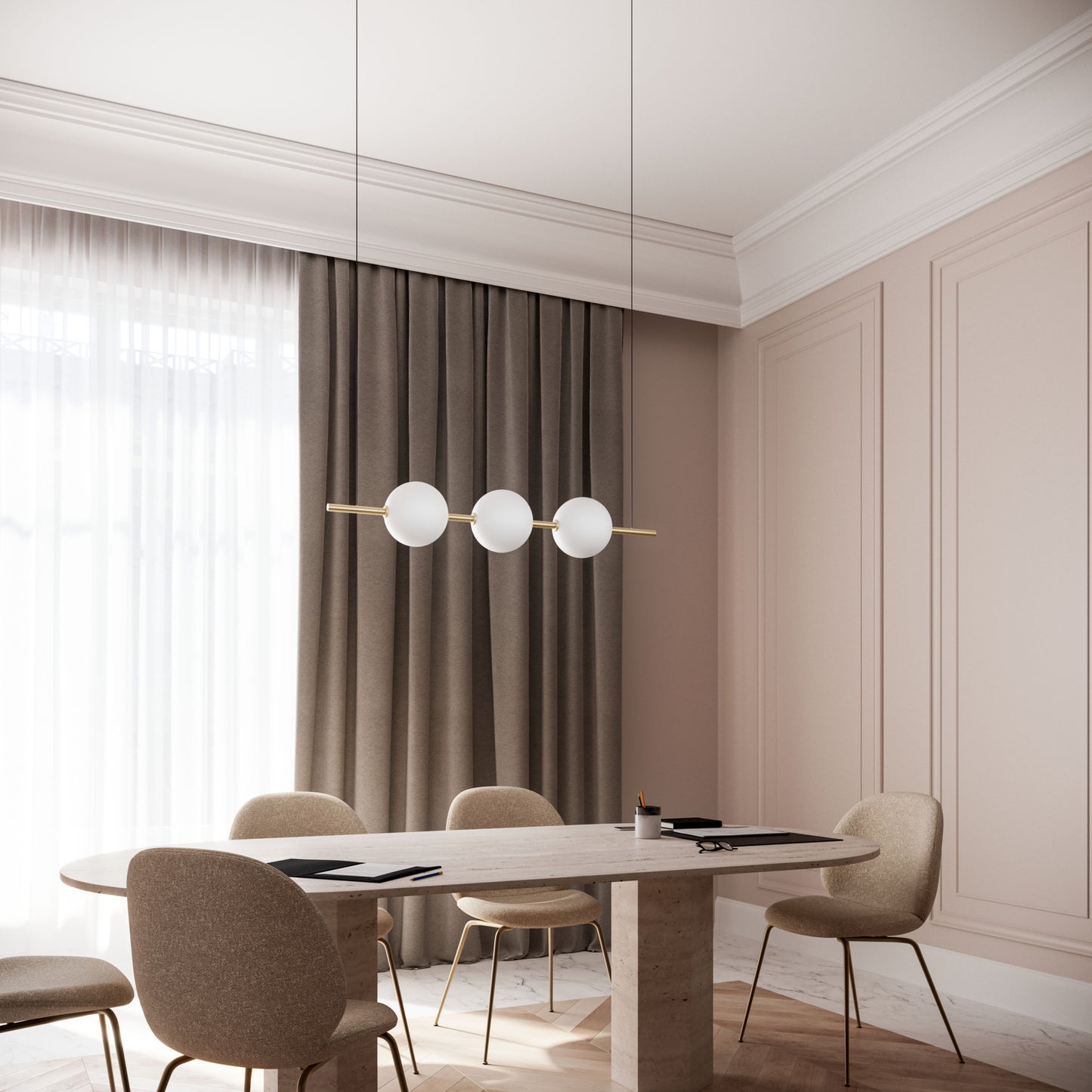Alma Triple Pendant in Natural Brass with White Borosilicate Glass
