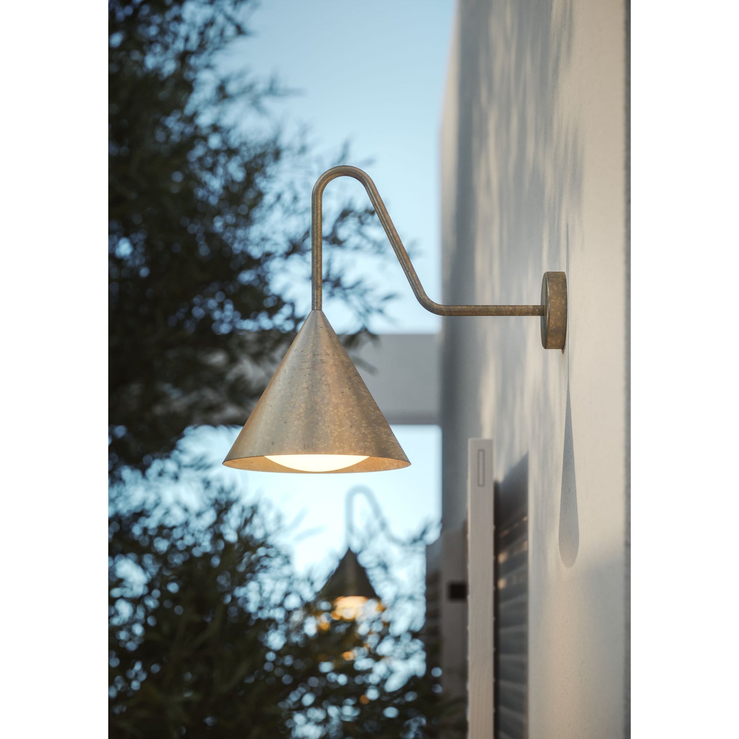 Cone Outdoor Swan Neck Wall Light in Antique Brass with White Glass