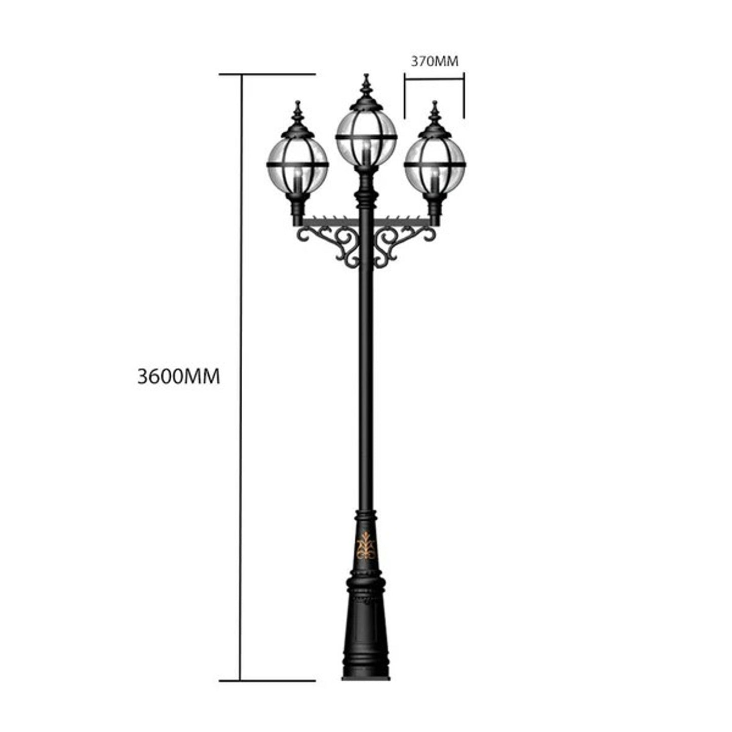 Victorian style globe lamp post triple headed in cast iron 3.6m