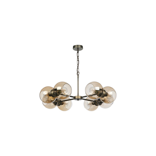 Juno 8 Light Pendant in Antique Brass / Amber glass