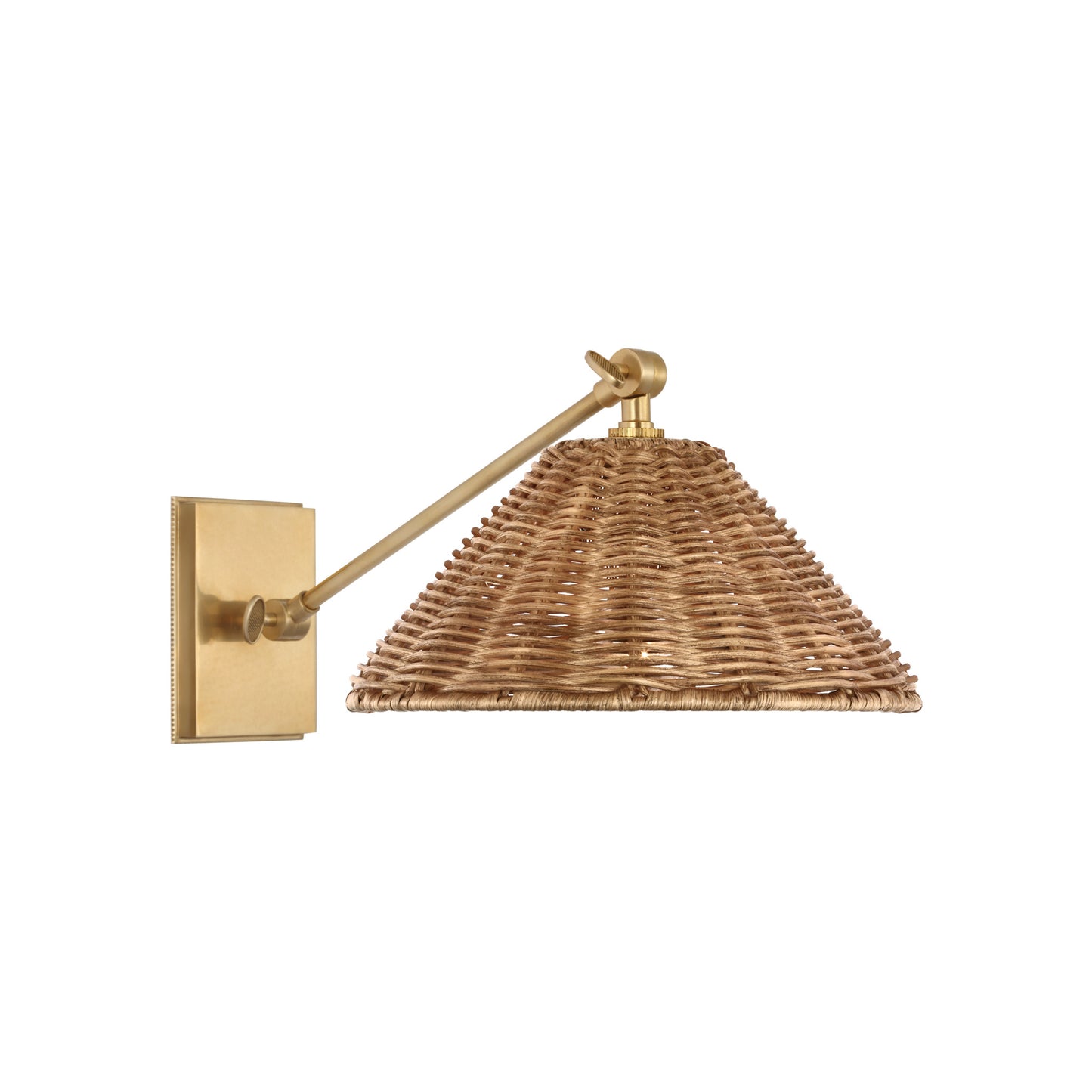 Wimberley Single Library Wall Light in Soft Brass with Natural Wicker Shade