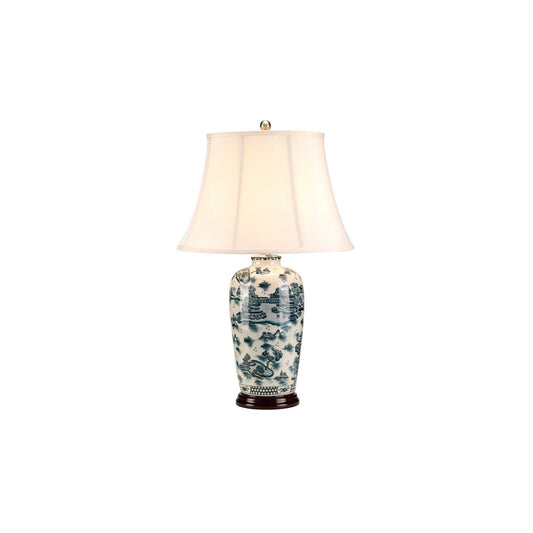 Blue Traditional 1-Light Table Lamp in Blue and White with Cream Shade