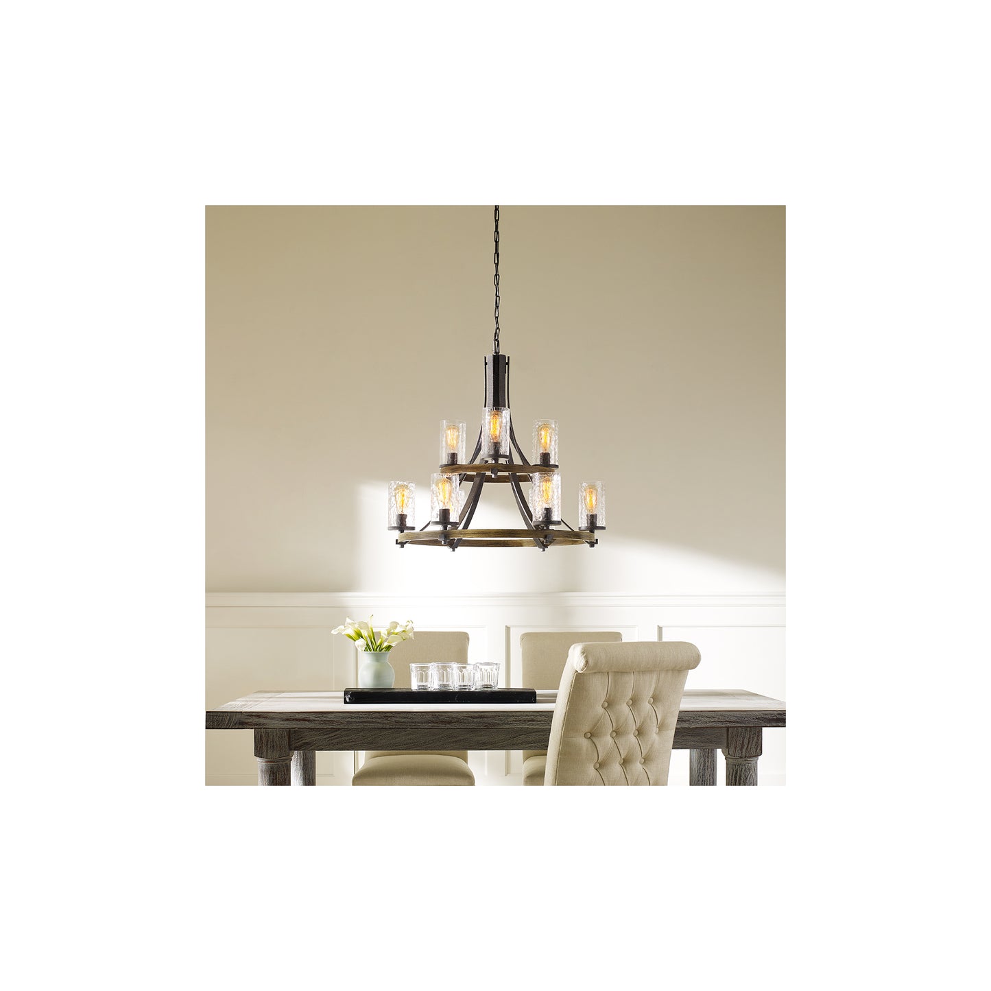 Angelo 9-Light Chandelier in Distressed Weathered Oak & Slate Grey Metal