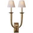 Visual Comfort French Deco Horn Double Wall Light with Natural Paper Shades in Antique Burnished Brass